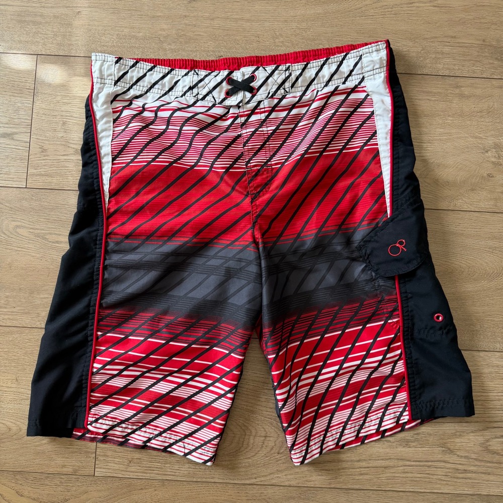 Vtg Op Ocean Pacific Boys Red Black Striped Board Shorts Swim Trunks Size XXL 18